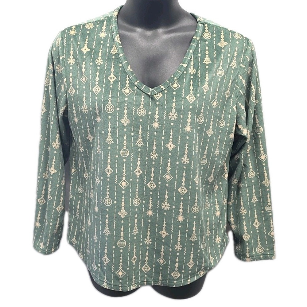 PJ Couture Holiday Pajama Set V Neck Green Christmas Ornament Loungewear Soft XL